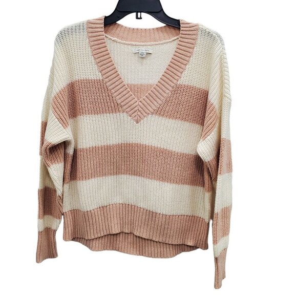 American Eagle Women's‎ Rose Cream Stripe Knit V-Neck Oversize Sweater Size S - Picture 1 of 5